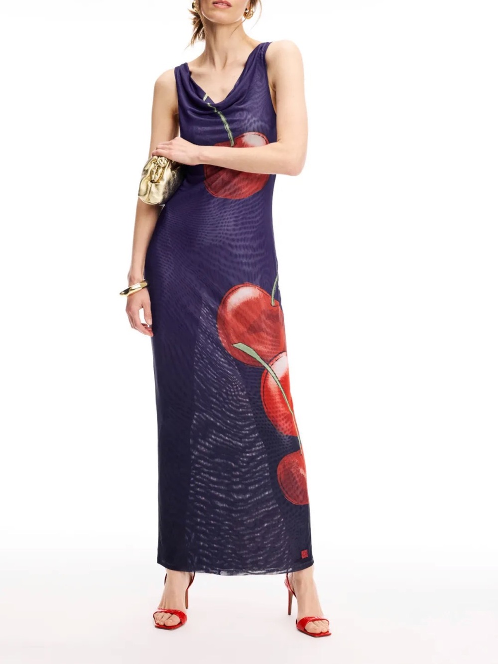 Sleeveless Navy Maxi Skirt with Red Cherry Print